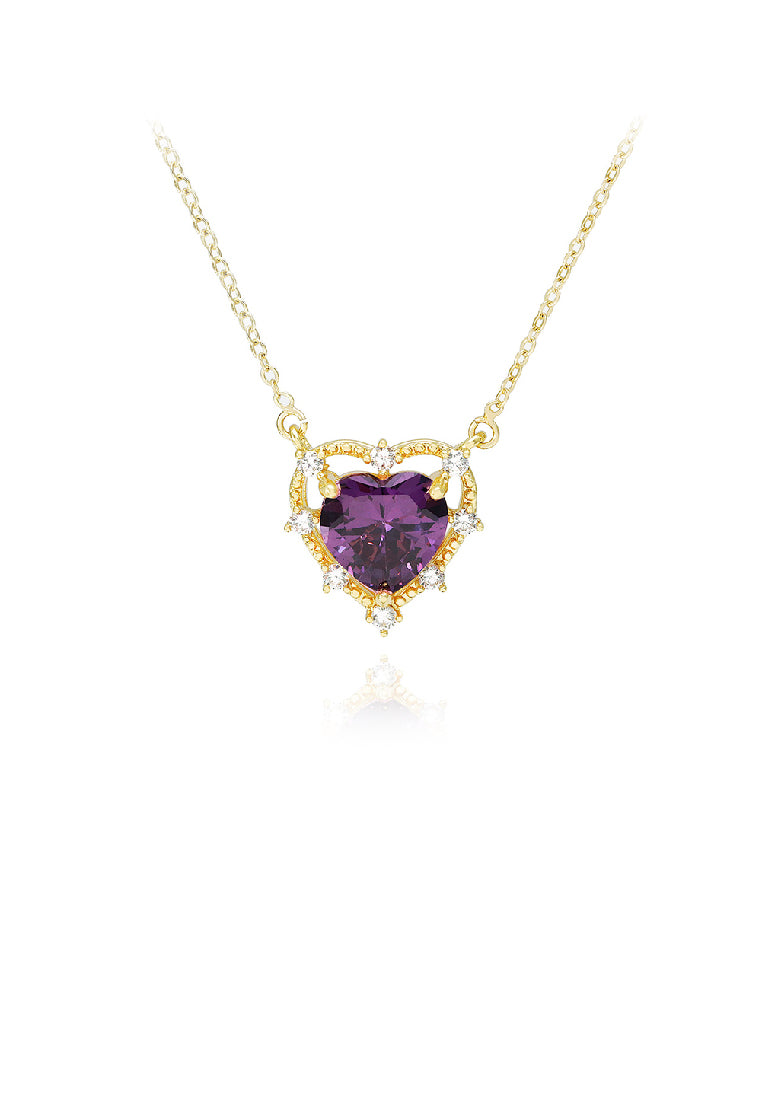 Simple Sweet Plated Gold Heart Pendant with Purple Cubic Zirconia and Necklace - Luxurious Look