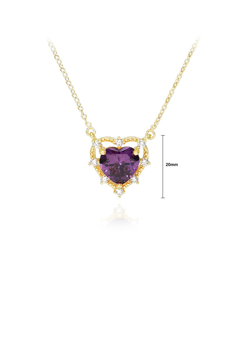 Simple Sweet Plated Gold Heart Pendant with Purple Cubic Zirconia and Necklace - Luxurious Look