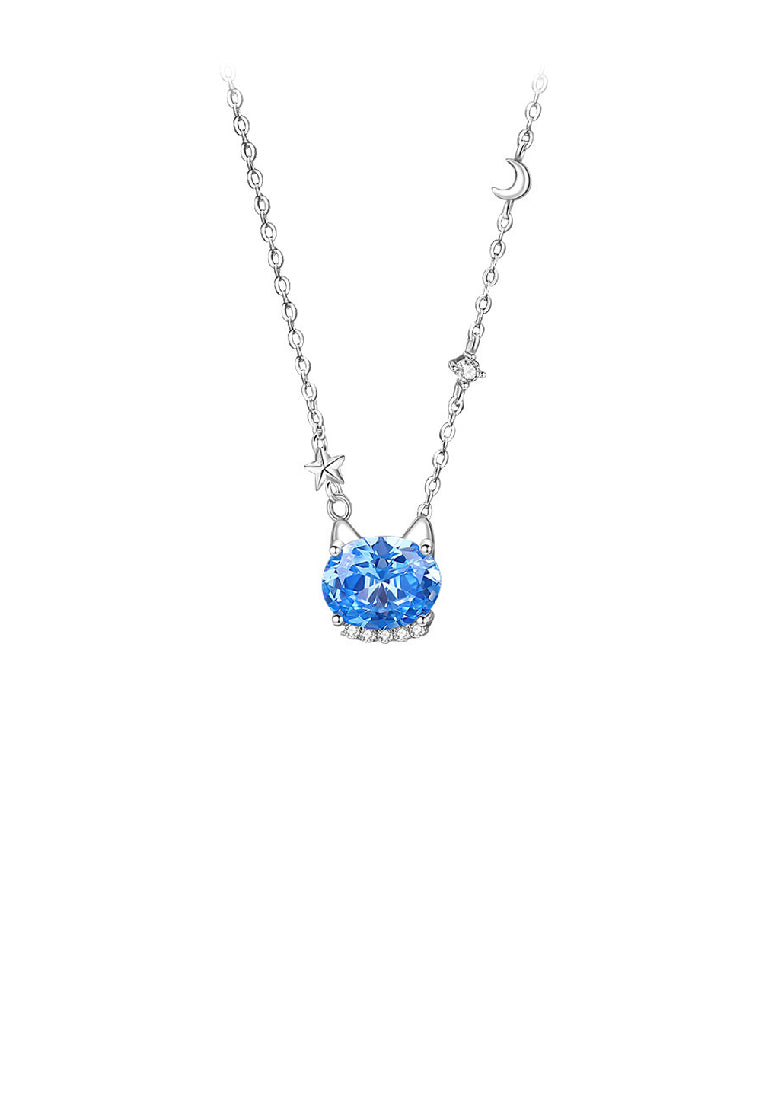 925 Sterling Silver Simple and Cute Cat Pendant with Blue Cubic Zirconia and Necklace - Luxurious Look