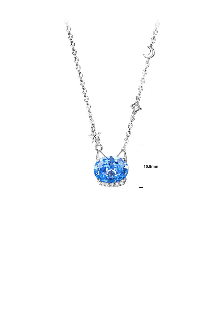 925 Sterling Silver Simple and Cute Cat Pendant with Blue Cubic Zirconia and Necklace - Luxurious Look