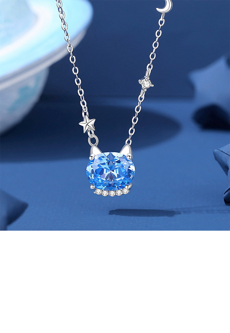 925 Sterling Silver Simple and Cute Cat Pendant with Blue Cubic Zirconia and Necklace - Luxurious Look