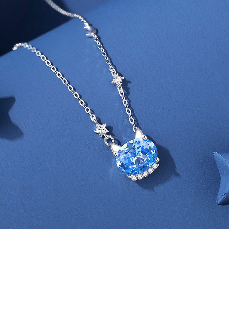 925 Sterling Silver Simple and Cute Cat Pendant with Blue Cubic Zirconia and Necklace - Luxurious Look