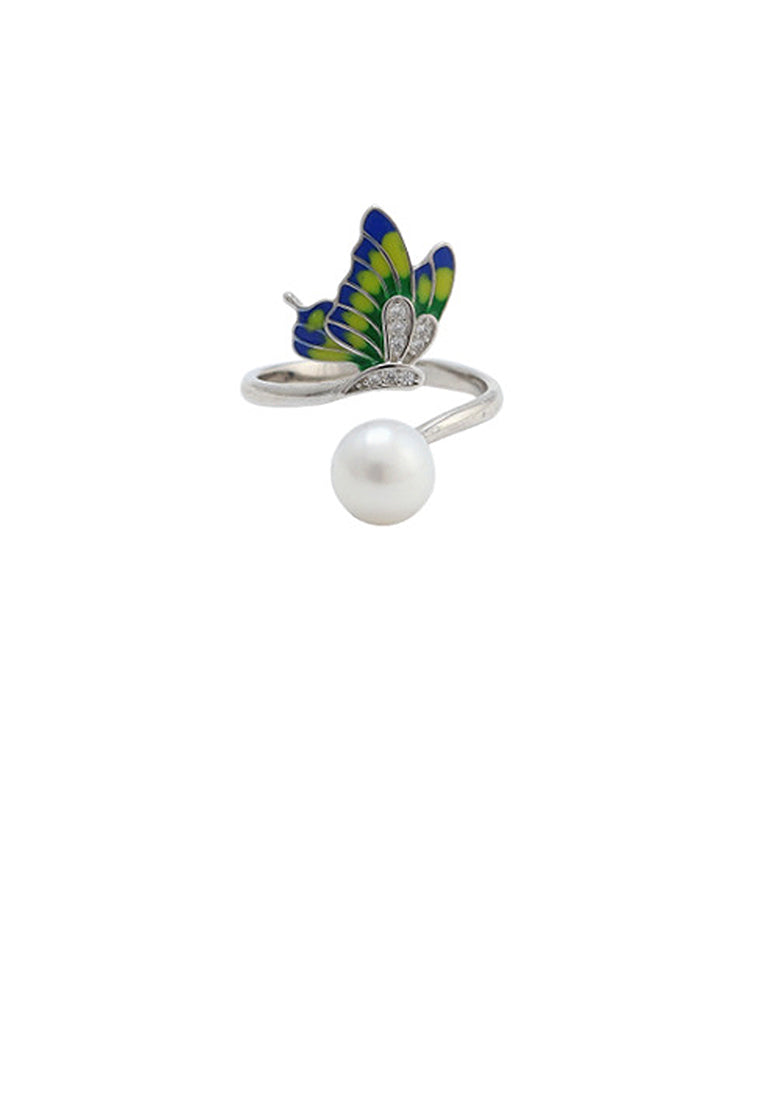 925 Sterling Silver Fashion Elegant Butterfly Freshwater Pearl Adjustable Open Ring - Luxurious Look
