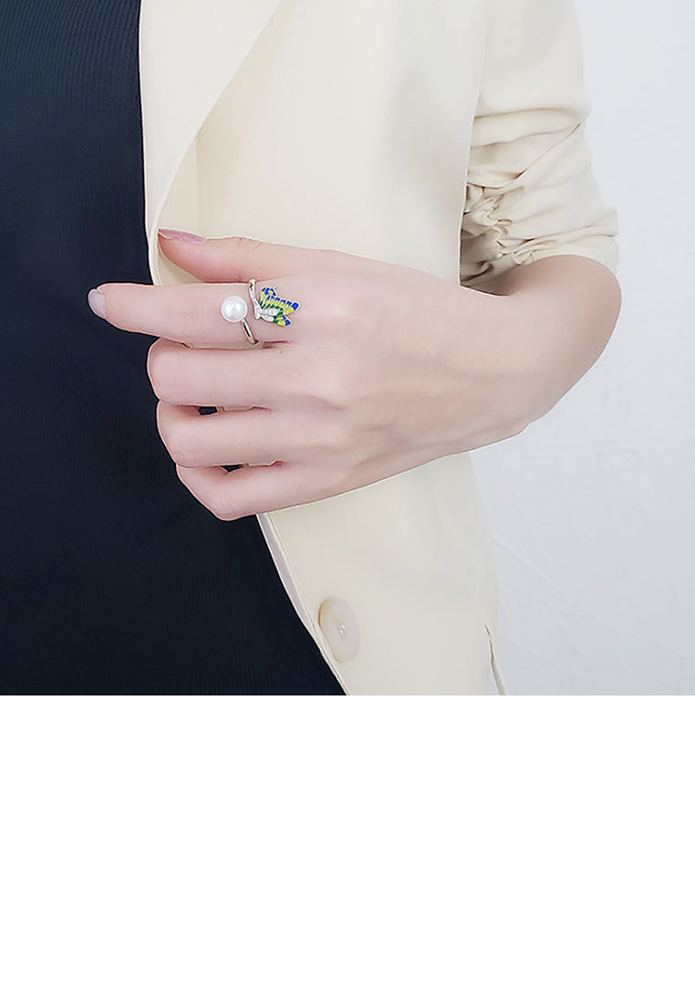 925 Sterling Silver Fashion Elegant Butterfly Freshwater Pearl Adjustable Open Ring - Luxurious Look