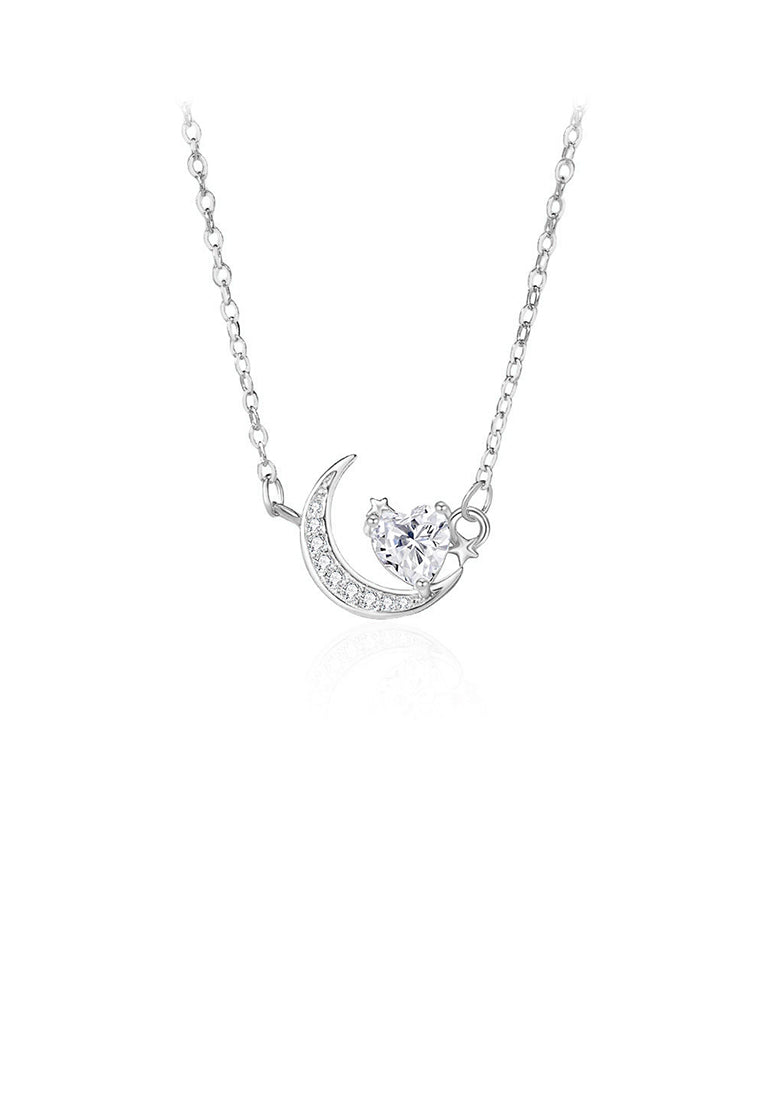 925 Sterling Silver Fashion Simple Heart-shaped Moon Pendant with Cubic Zirconia and Necklace - Luxurious Look