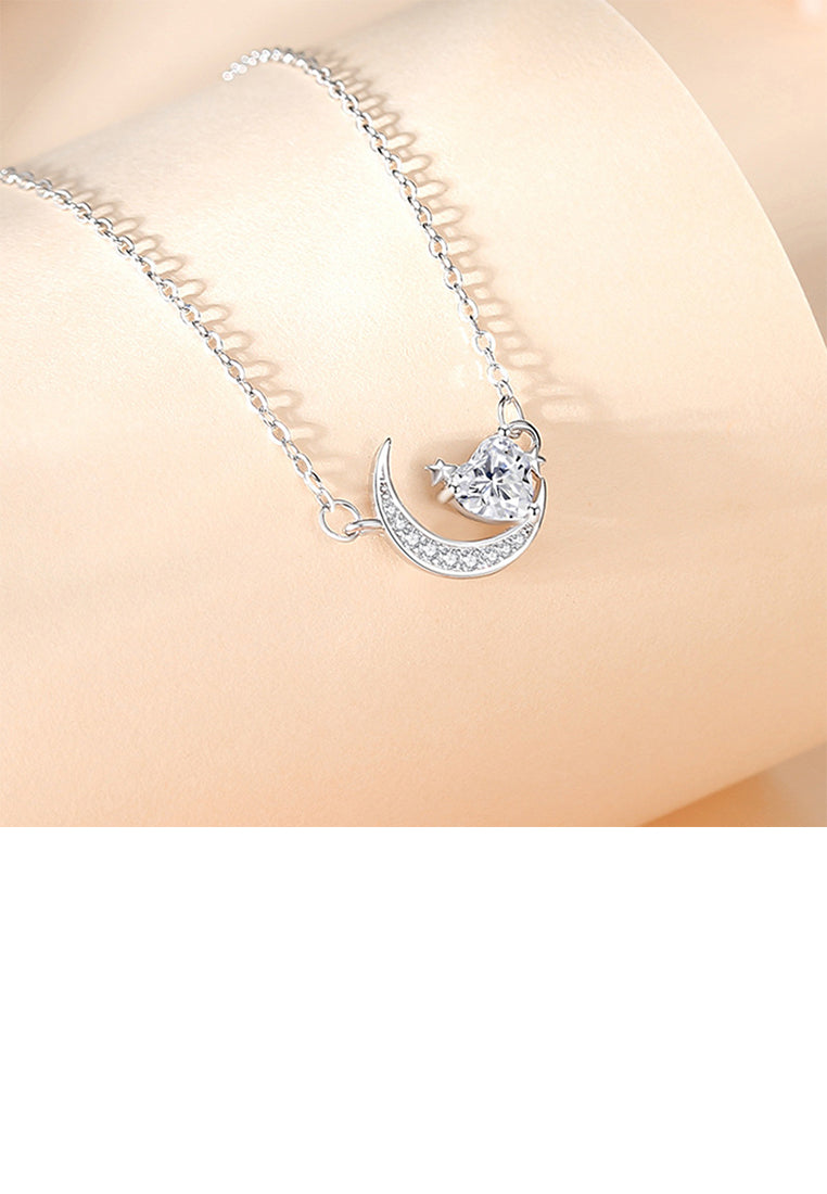925 Sterling Silver Fashion Simple Heart-shaped Moon Pendant with Cubic Zirconia and Necklace - Luxurious Look
