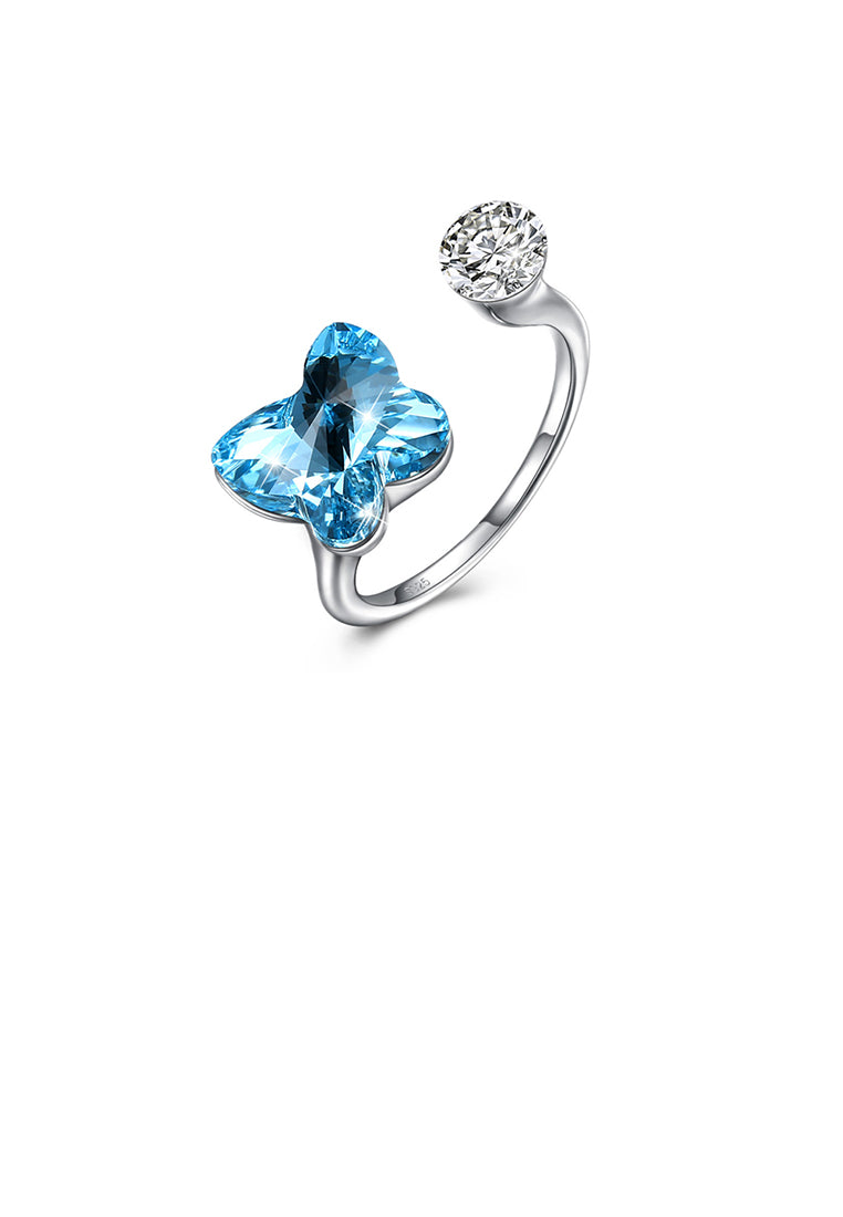 925 Sterling Silve Elegant Romantic Sweet Fantasy Butterfly Adjustable Opening Ring with Blue Austrian Element Crystal