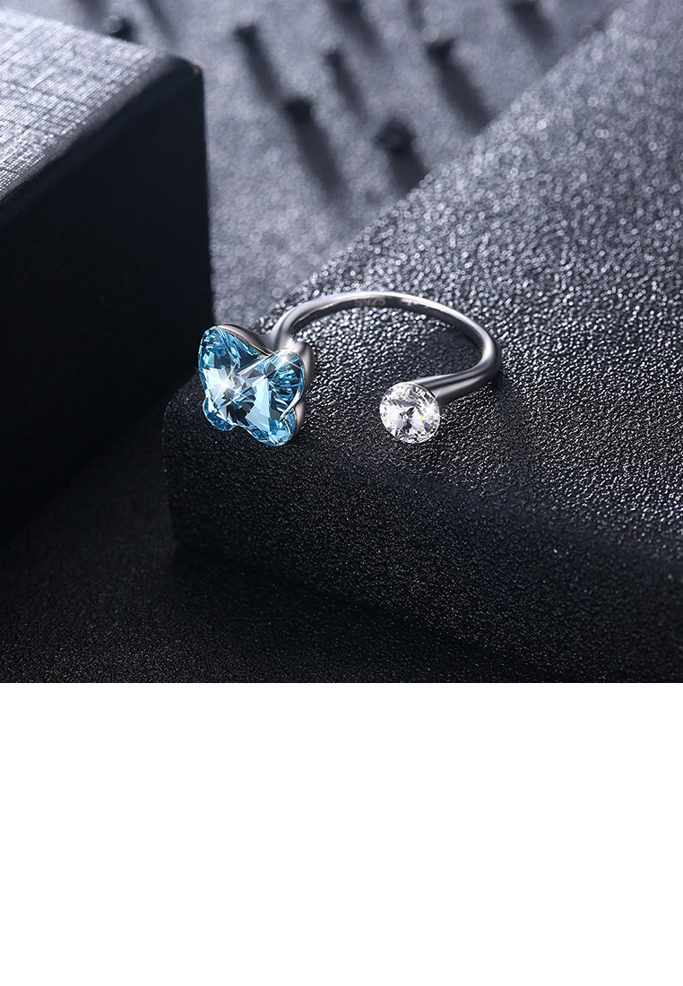 925 Sterling Silve Elegant Romantic Sweet Fantasy Butterfly Adjustable Opening Ring with Blue Austrian Element Crystal