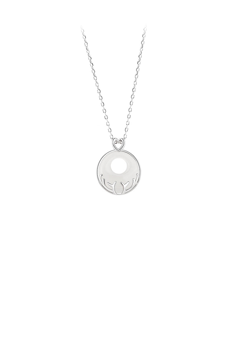925 Sterling Silver Simple Vintage Antler Imitation Chalcedony Geometric Round Pendant with Necklace