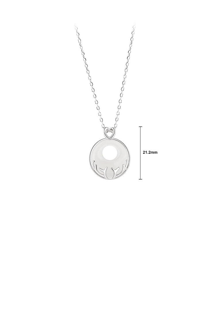 925 Sterling Silver Simple Vintage Antler Imitation Chalcedony Geometric Round Pendant with Necklace