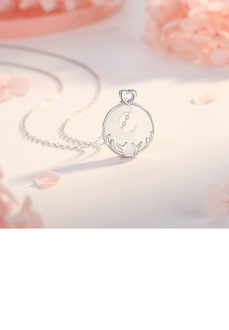 925 Sterling Silver Simple Vintage Antler Imitation Chalcedony Geometric Round Pendant with Necklace