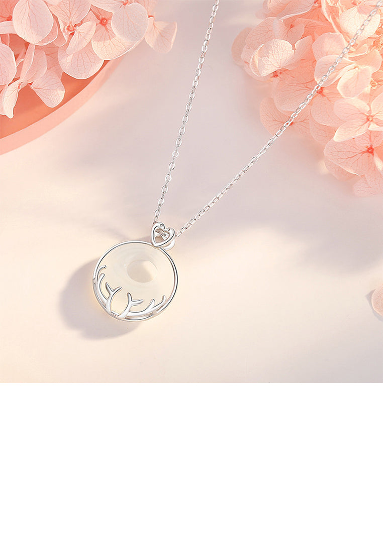 925 Sterling Silver Simple Vintage Antler Imitation Chalcedony Geometric Round Pendant with Necklace