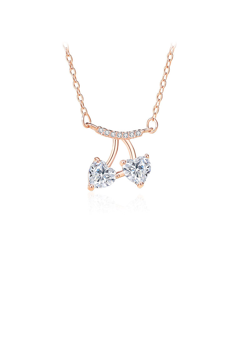 925 Sterling Silver Plated Rose Gold Simple Sweet Cherry Pendant with Cubic Zirconia and Necklace - Luxurious Look