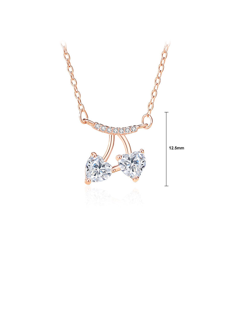 925 Sterling Silver Plated Rose Gold Simple Sweet Cherry Pendant with Cubic Zirconia and Necklace - Luxurious Look