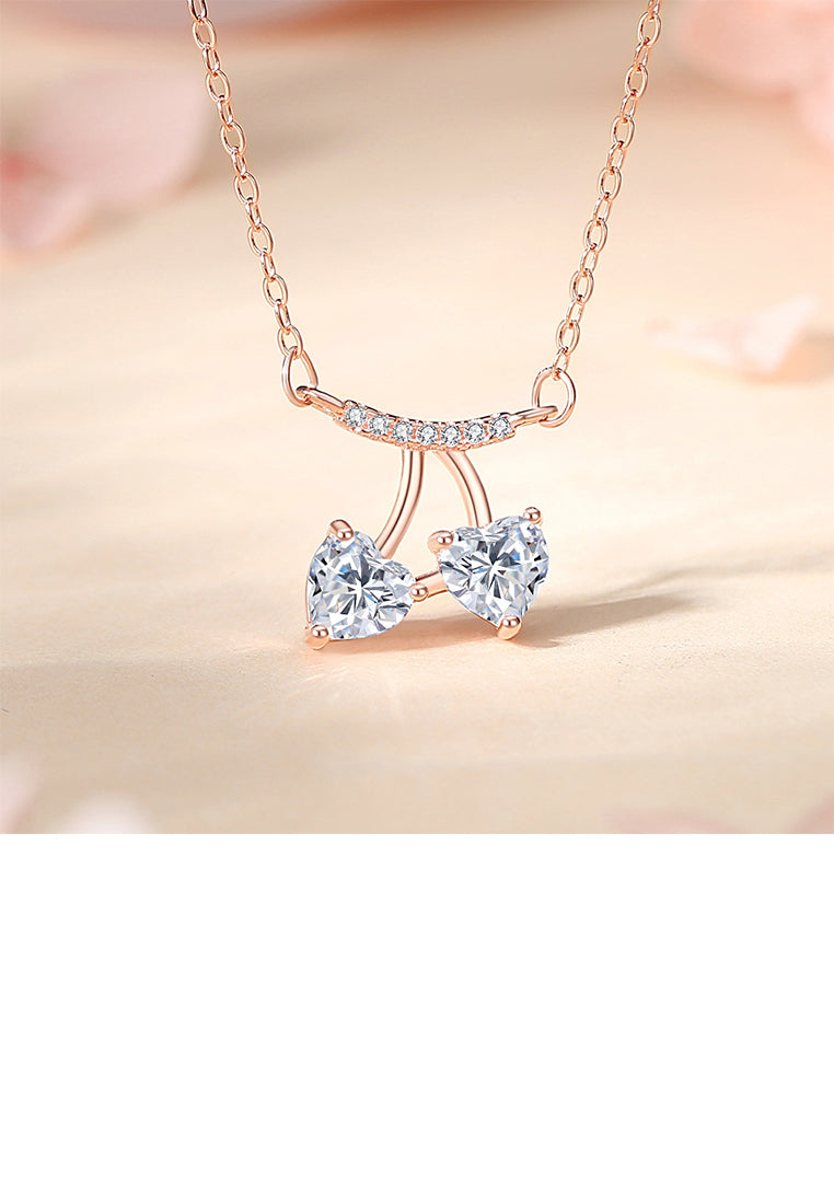 925 Sterling Silver Plated Rose Gold Simple Sweet Cherry Pendant with Cubic Zirconia and Necklace - Luxurious Look