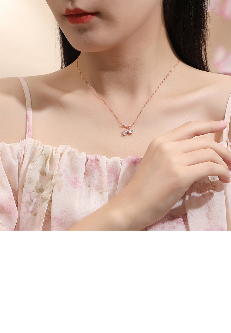 925 Sterling Silver Plated Rose Gold Simple Sweet Cherry Pendant with Cubic Zirconia and Necklace - Luxurious Look