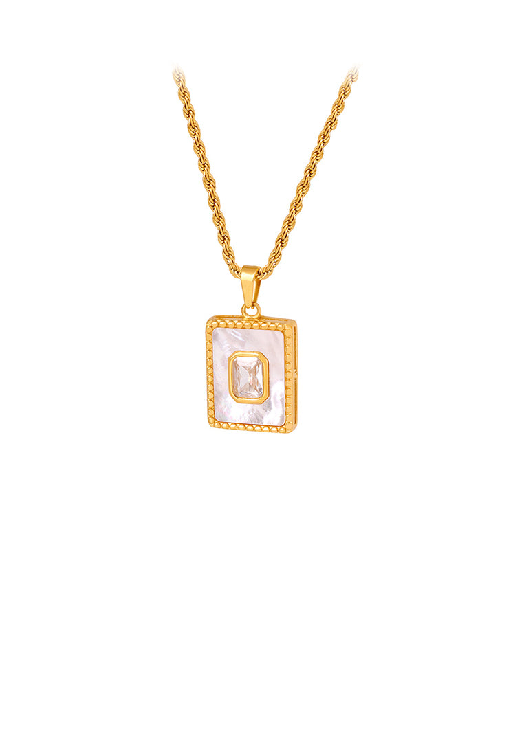 Fashion and Simple Plated Gold 316L Stainless Steel Geometric Square Pendant with Cubic Zirconia and Necklace - Luxurious Look