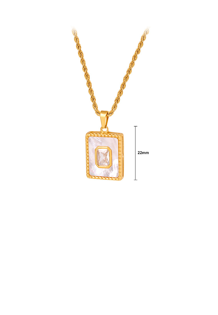 Fashion and Simple Plated Gold 316L Stainless Steel Geometric Square Pendant with Cubic Zirconia and Necklace - Luxurious Look