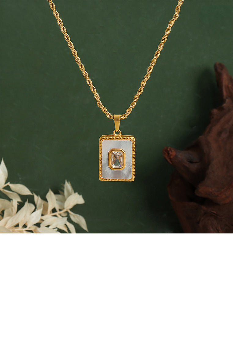 Fashion and Simple Plated Gold 316L Stainless Steel Geometric Square Pendant with Cubic Zirconia and Necklace - Luxurious Look