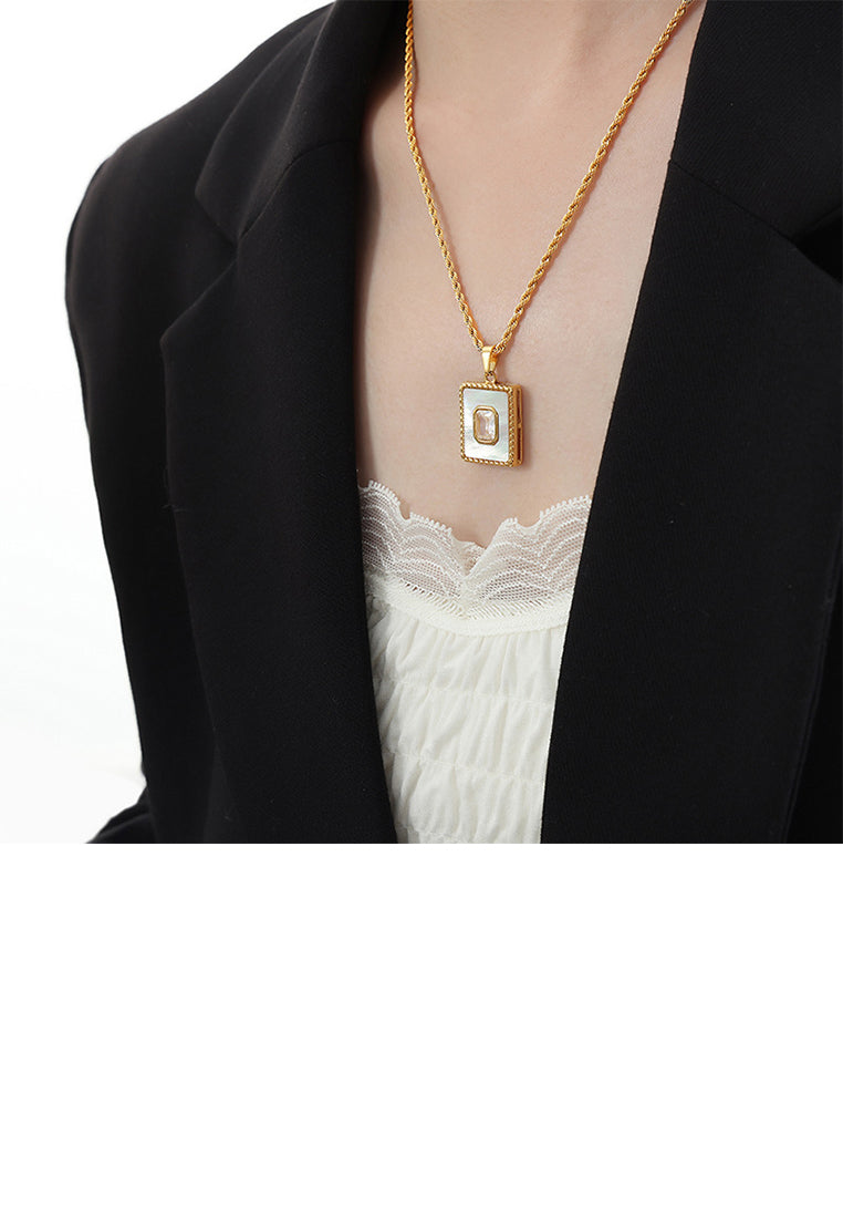 Fashion and Simple Plated Gold 316L Stainless Steel Geometric Square Pendant with Cubic Zirconia and Necklace - Luxurious Look
