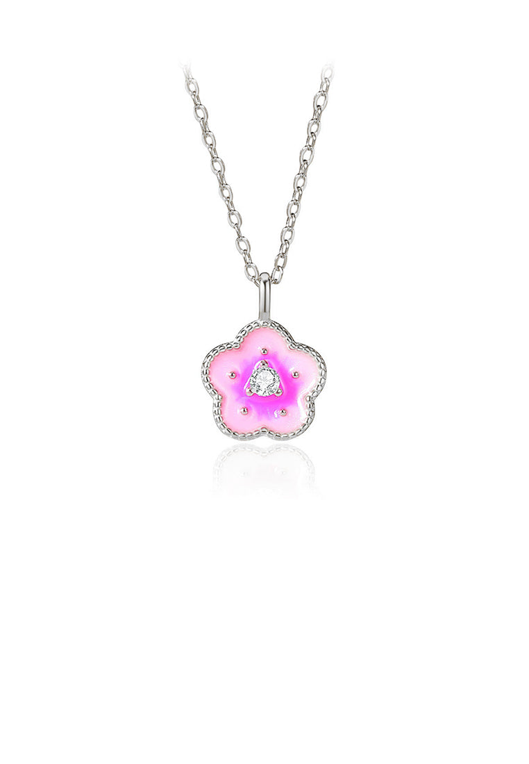 925 Sterling Silver Fashion Temperament Enamel Flower Pendant with Cubic Zirconia and Necklace - Luxurious Look