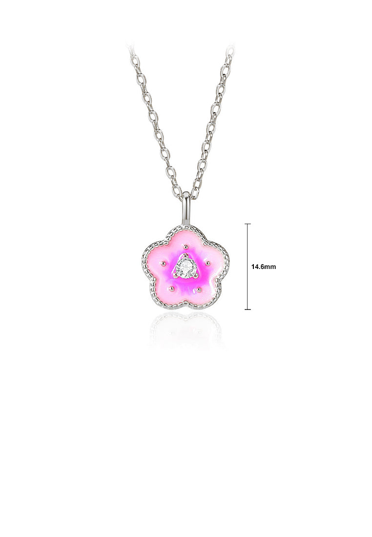 925 Sterling Silver Fashion Temperament Enamel Flower Pendant with Cubic Zirconia and Necklace - Luxurious Look