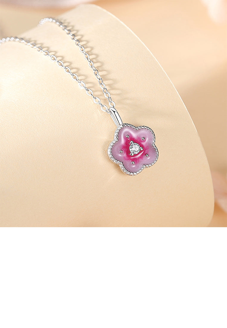 925 Sterling Silver Fashion Temperament Enamel Flower Pendant with Cubic Zirconia and Necklace - Luxurious Look