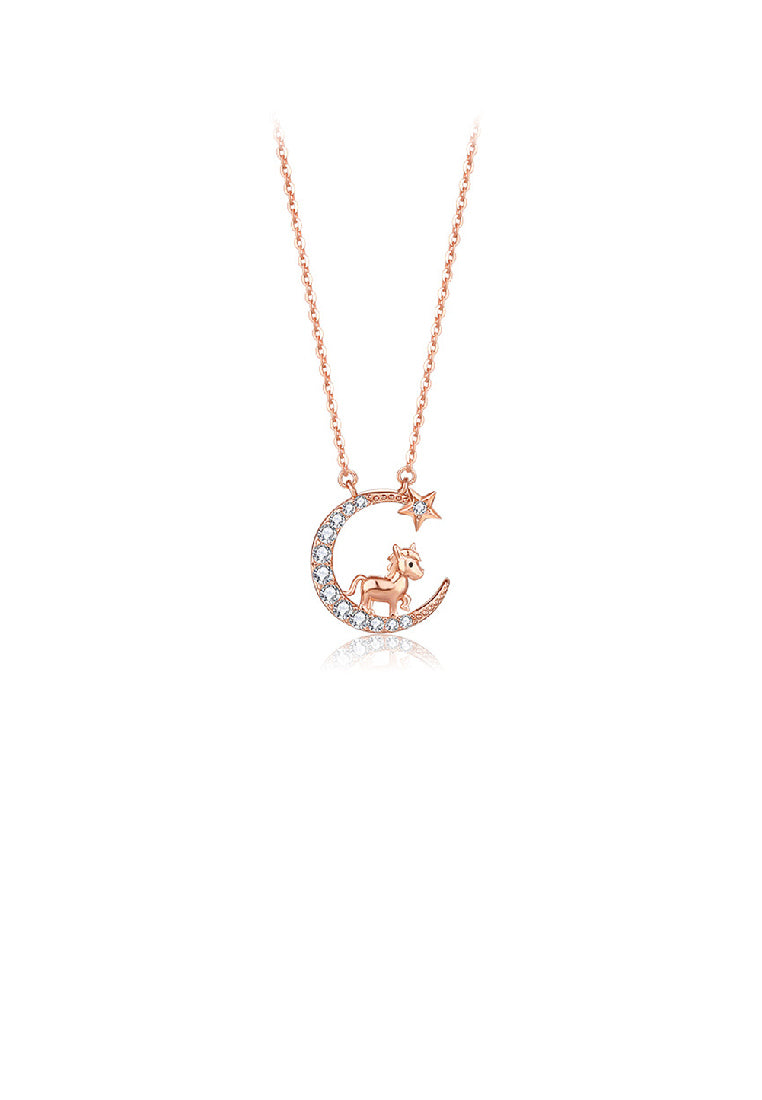 925 Sterling Silver Plated Rose Gold Fashion Simple Twelve Zodiac Horse Moon Pendant with Cubic Zirconia and Necklace - Luxurious Look
