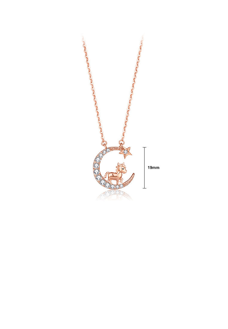 925 Sterling Silver Plated Rose Gold Fashion Simple Twelve Zodiac Horse Moon Pendant with Cubic Zirconia and Necklace - Luxurious Look