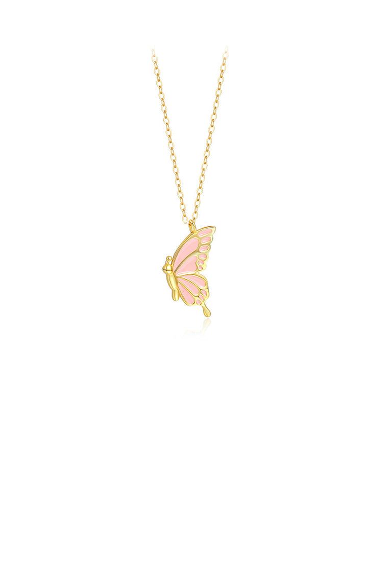 925 Sterling Silver Plated Gold Fashion Temperament Enamel Pink Butterfly Pendant with Necklace - Vibrant Color