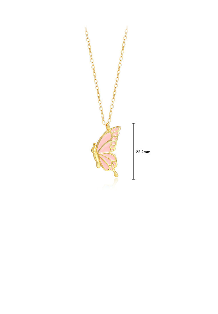 925 Sterling Silver Plated Gold Fashion Temperament Enamel Pink Butterfly Pendant with Necklace - Vibrant Color