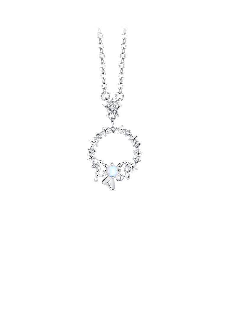 925 Sterling Silver Simple Sweet Star Ribbon Moonstone Pendant with Cubic Zirconia and Necklace - Luxurious Look