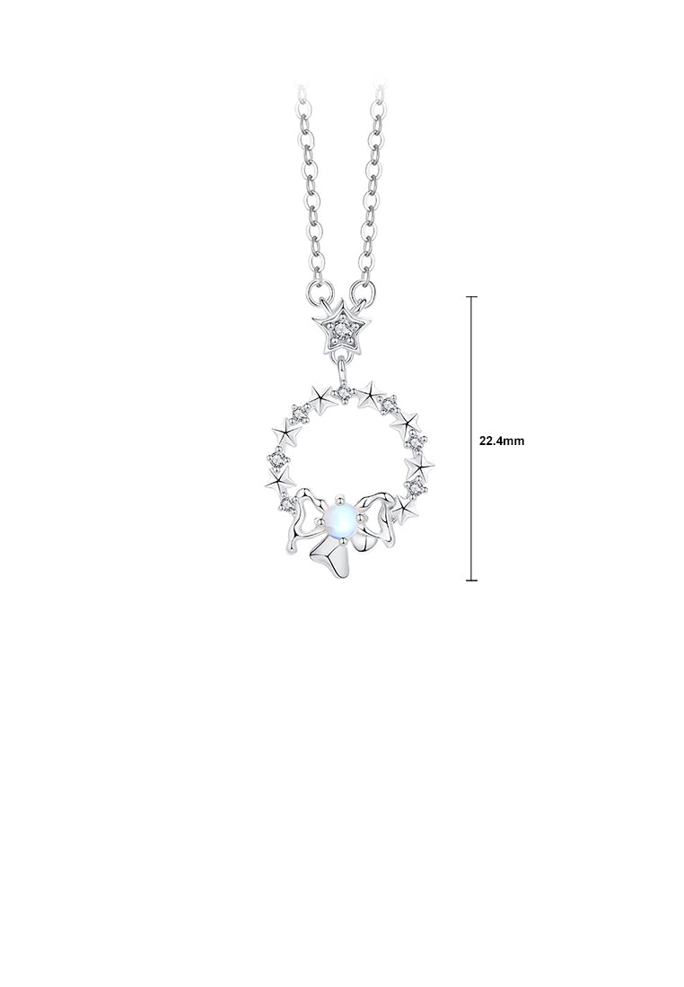 925 Sterling Silver Simple Sweet Star Ribbon Moonstone Pendant with Cubic Zirconia and Necklace - Luxurious Look