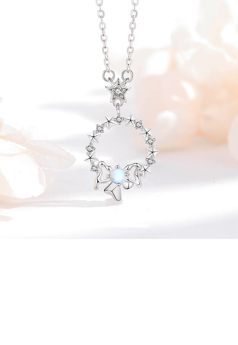 925 Sterling Silver Simple Sweet Star Ribbon Moonstone Pendant with Cubic Zirconia and Necklace - Luxurious Look