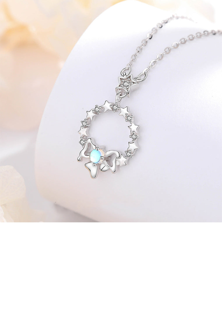 925 Sterling Silver Simple Sweet Star Ribbon Moonstone Pendant with Cubic Zirconia and Necklace - Luxurious Look