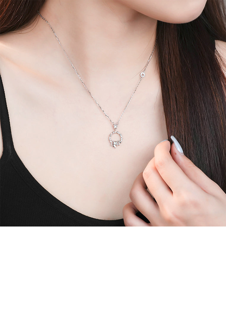 925 Sterling Silver Simple Sweet Star Ribbon Moonstone Pendant with Cubic Zirconia and Necklace - Luxurious Look
