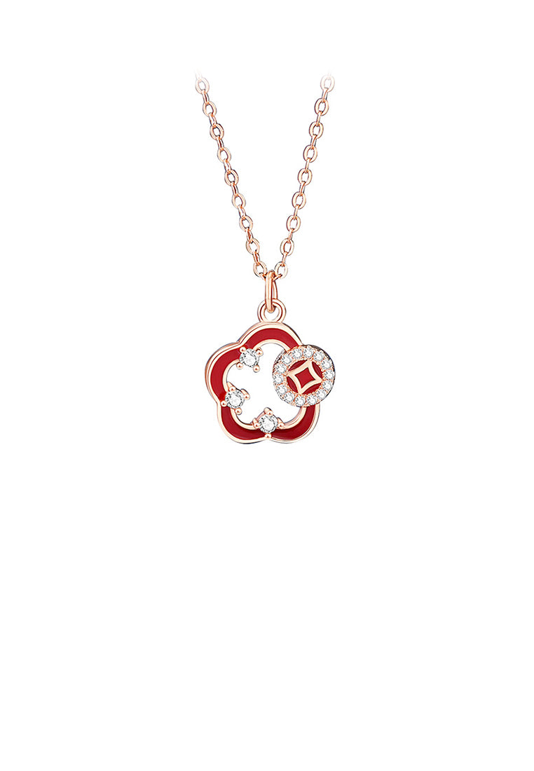 925 Sterling Silver Plated Rose Gold Fashion and Creative Coin Hollow Flower Pendant with Cubic Zirconia and Necklace - Luxurious Look