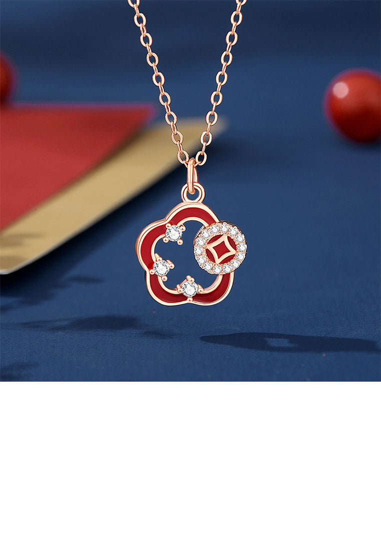925 Sterling Silver Plated Rose Gold Fashion and Creative Coin Hollow Flower Pendant with Cubic Zirconia and Necklace - Luxurious Look