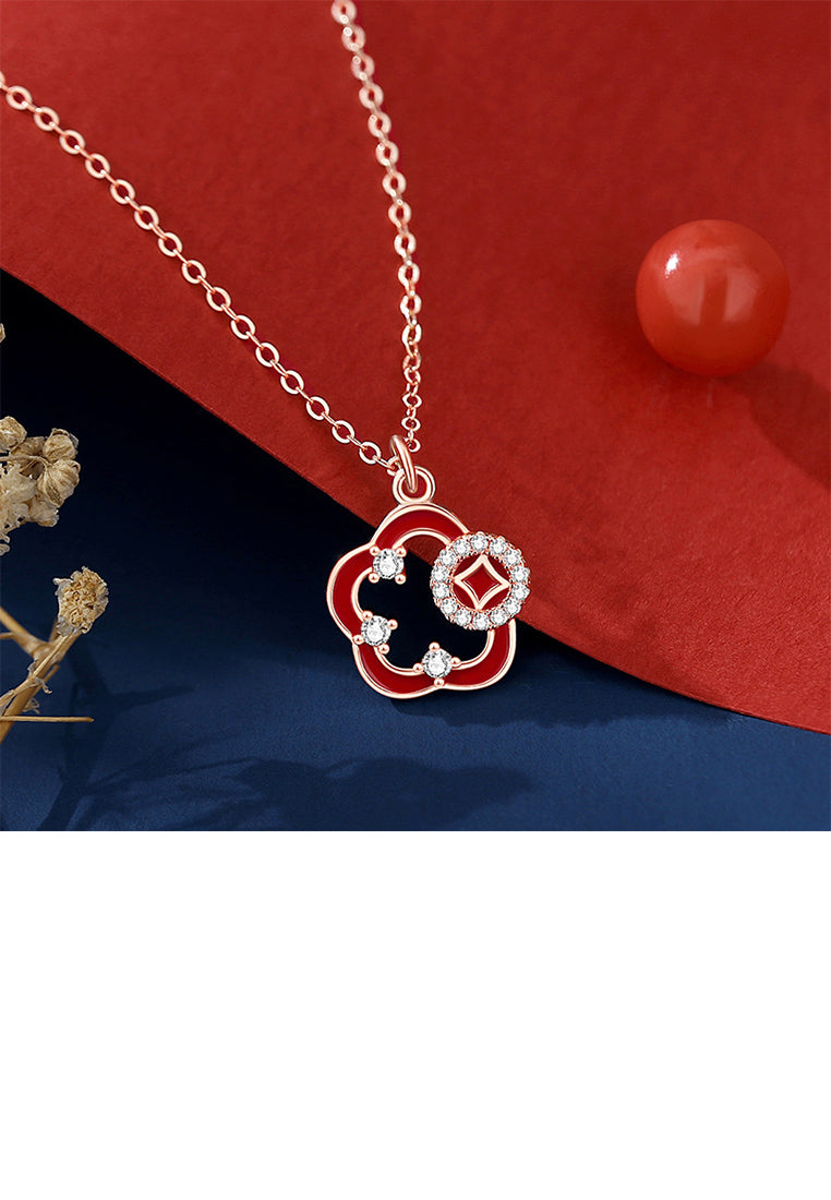 925 Sterling Silver Plated Rose Gold Fashion and Creative Coin Hollow Flower Pendant with Cubic Zirconia and Necklace - Luxurious Look