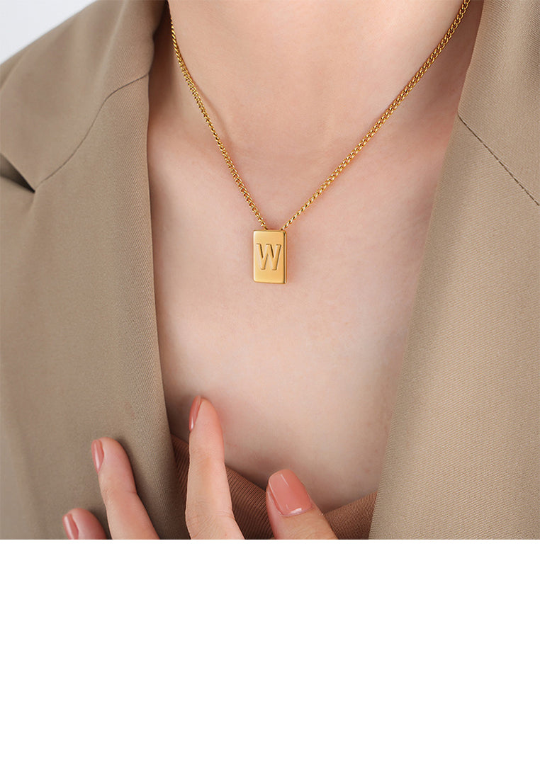 Fashion and Simple Plated Gold 316L Stainless Steel Alphabet W Geometric Square Pendant with Necklace