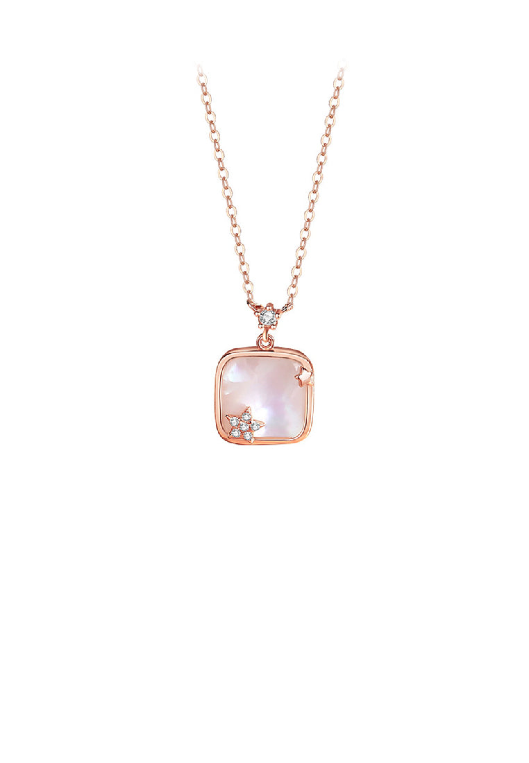 925 Sterling Silver Plated Rose Gold Fashion Temperament Star Geometric Square Mother-of-pearl Pendant with Cubic Zirconia and Necklace - Luxurious Look