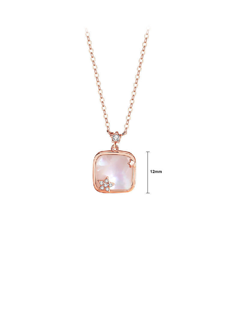 925 Sterling Silver Plated Rose Gold Fashion Temperament Star Geometric Square Mother-of-pearl Pendant with Cubic Zirconia and Necklace - Luxurious Look