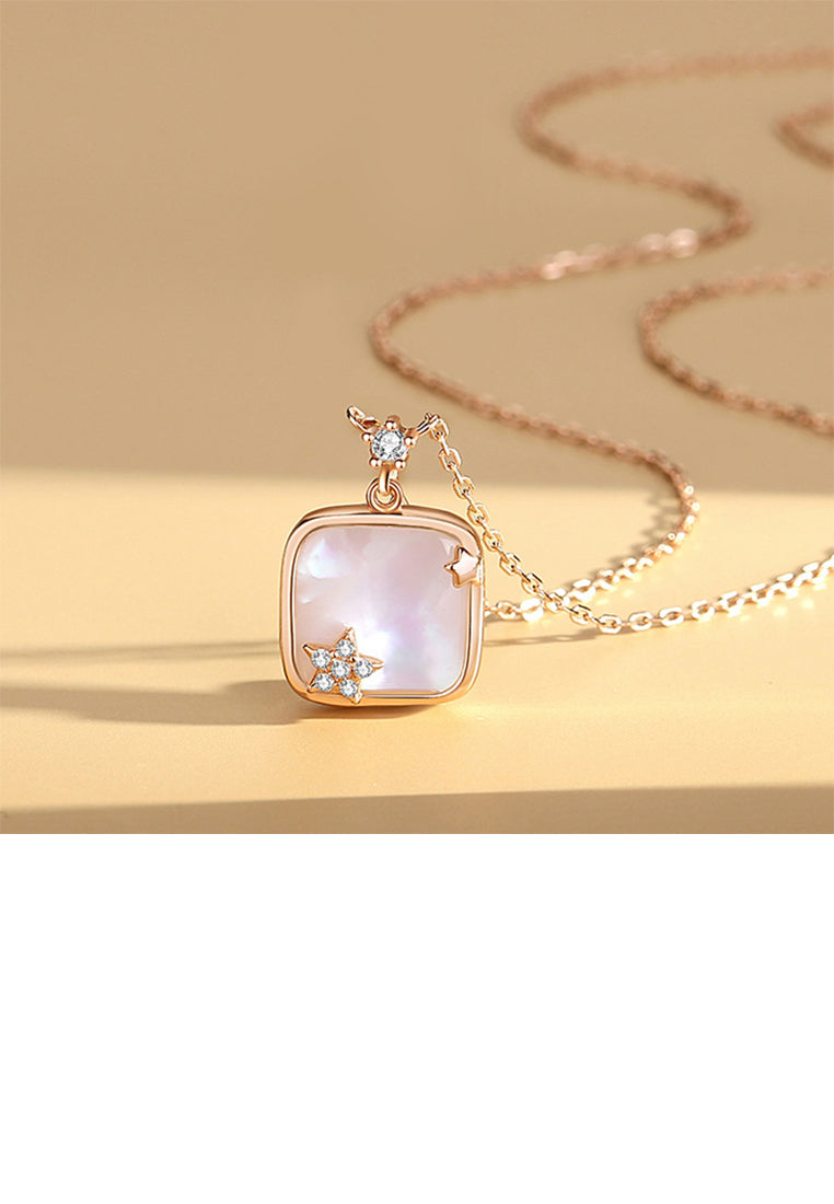 925 Sterling Silver Plated Rose Gold Fashion Temperament Star Geometric Square Mother-of-pearl Pendant with Cubic Zirconia and Necklace - Luxurious Look