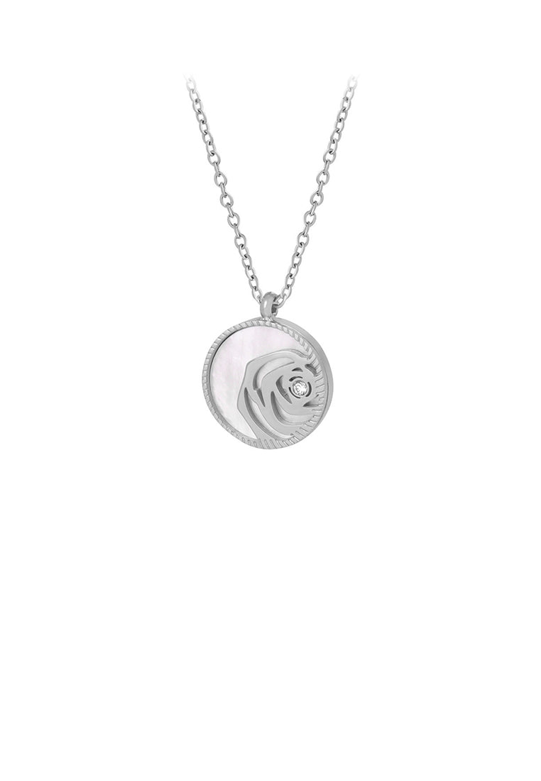 Fashion and Elegant 316L Stainless Steel Hollow Rose Round Mother-of-pearl Pendant with Cubic Zirconia and Necklace - Luxurious Look