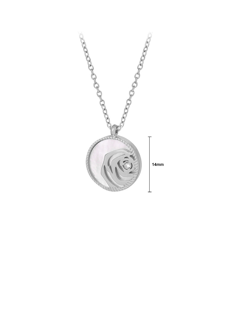 Fashion and Elegant 316L Stainless Steel Hollow Rose Round Mother-of-pearl Pendant with Cubic Zirconia and Necklace - Luxurious Look