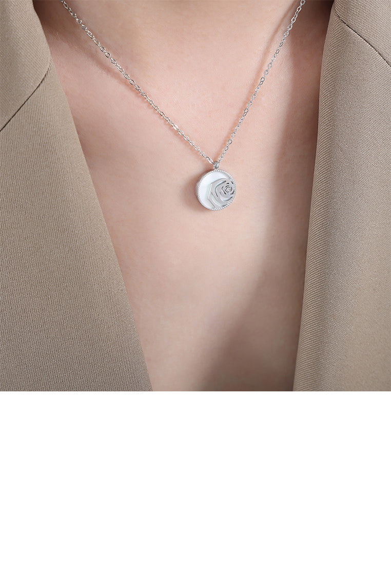 Fashion and Elegant 316L Stainless Steel Hollow Rose Round Mother-of-pearl Pendant with Cubic Zirconia and Necklace - Luxurious Look
