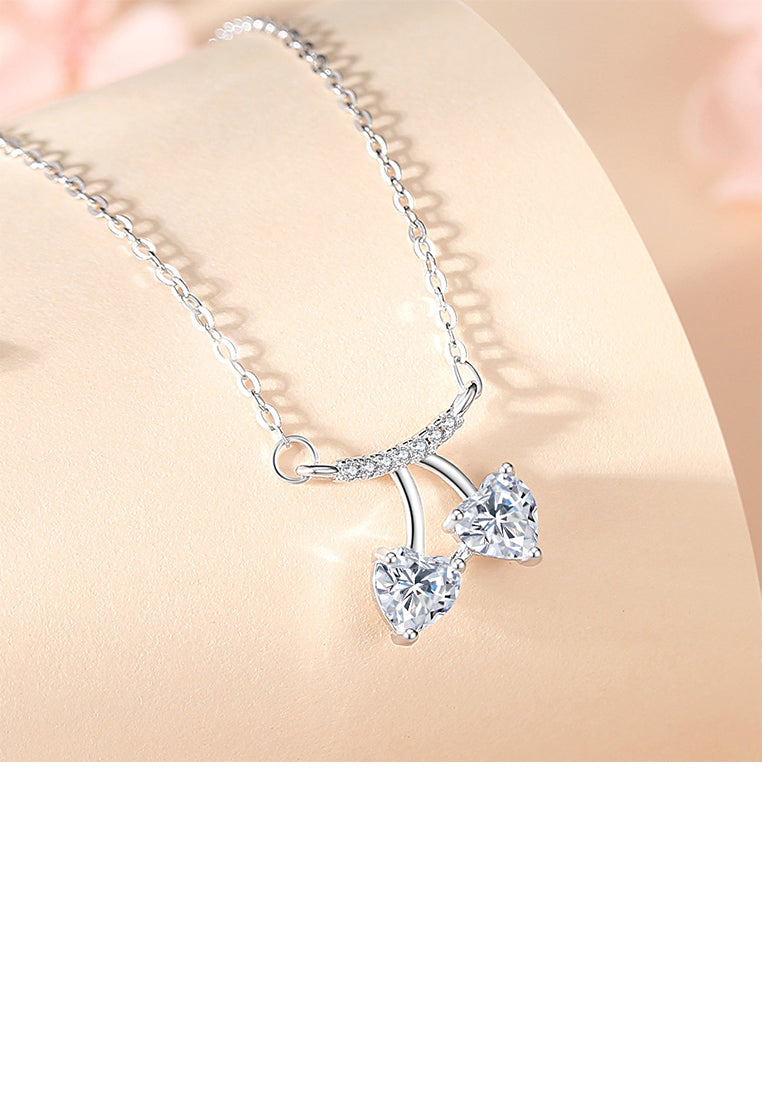 925 Sterling Silver Simple Sweet Cherry Pendant with Cubic Zirconia and Necklace - Luxurious Look