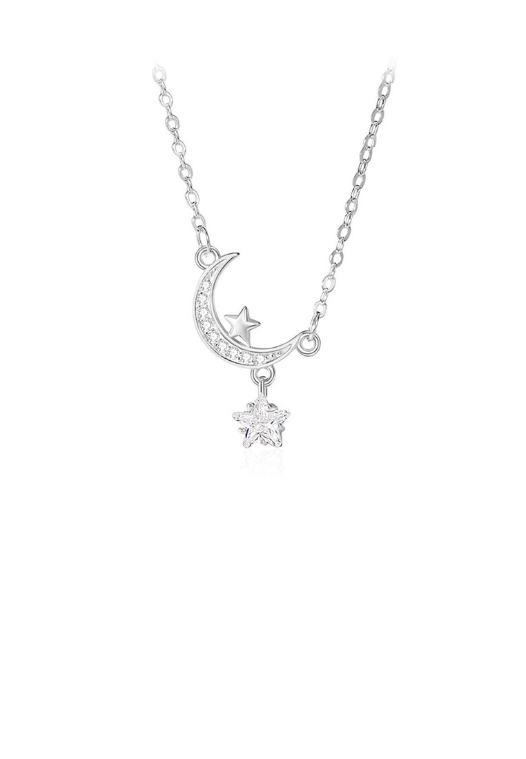 925 Sterling Silver Fashion Temperament Moon Star Pendant with Cubic Zirconia and Necklace - Luxurious Look
