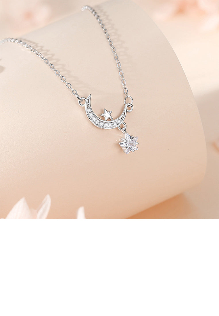 925 Sterling Silver Fashion Temperament Moon Star Pendant with Cubic Zirconia and Necklace - Luxurious Look