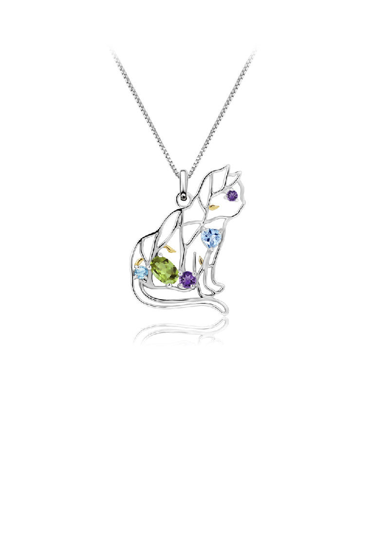 925 Sterling Silver Fashion Cute Hollow Cat Pendant with Natural Gemstones and Necklace